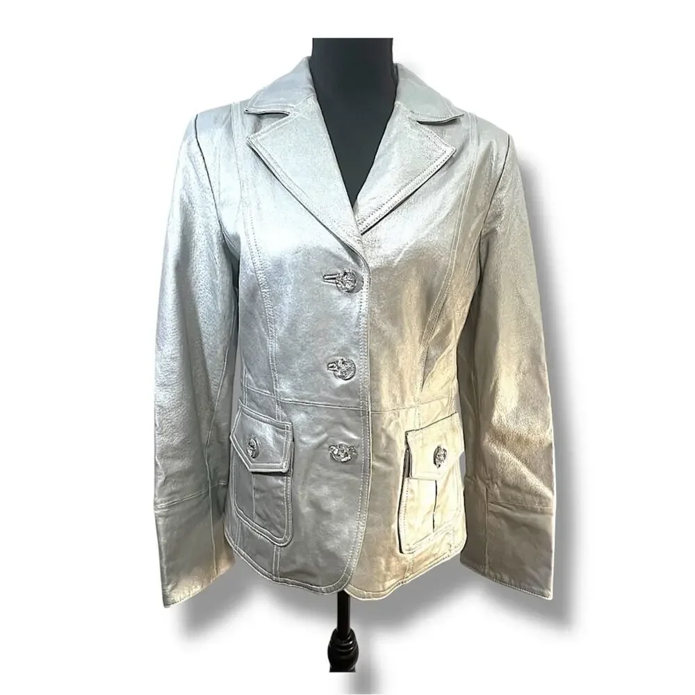 BRADLEY Elegant Silver Metallic Leather Oversize Rhinestone Buttons Jacket M